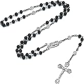 SALOMOCA Bead Rosary Necklace with Crucifix and Our Lady of Guadalupe Medal Black Volcanic Rock Beads Catholic Prayer Rosaries Necklaces Jewelry for Men Gifts in Velvet Bag