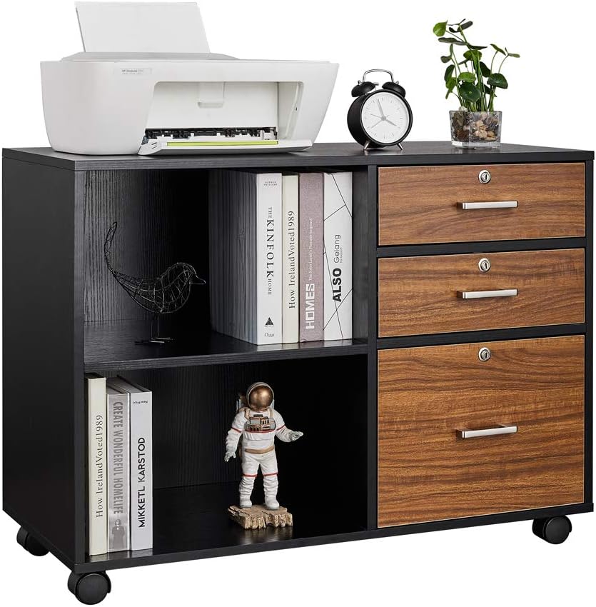Amazon Com Bonnlo Wood File Cabinet With 3 Drawer And 2 Open Shelves Office Storage Cabinet With Wheel Printer Stand Black Brown Office Products