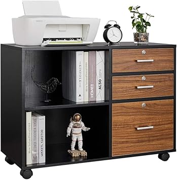 Amazon Com Bonnlo Wood File Cabinet With 3 Drawer And 2 Open Shelves Office Storage Cabinet With Wheel Printer Stand Black Brown Office Products