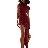 Zeflows Womens Mock Neck Sleeveless Irregular Draped Bodycon Dresses Ruched Ribbon Slim Fit Club Party Cocktail Dresses