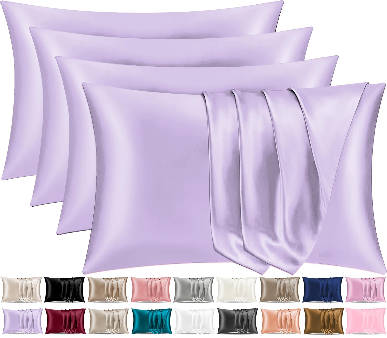 Pamposh Satin Silk Pillowcases For Hair And Skin 4 Pack Standard Size with Envelope Closure (4 Pcs Pillowcases (50 x 75 cm), Purple)