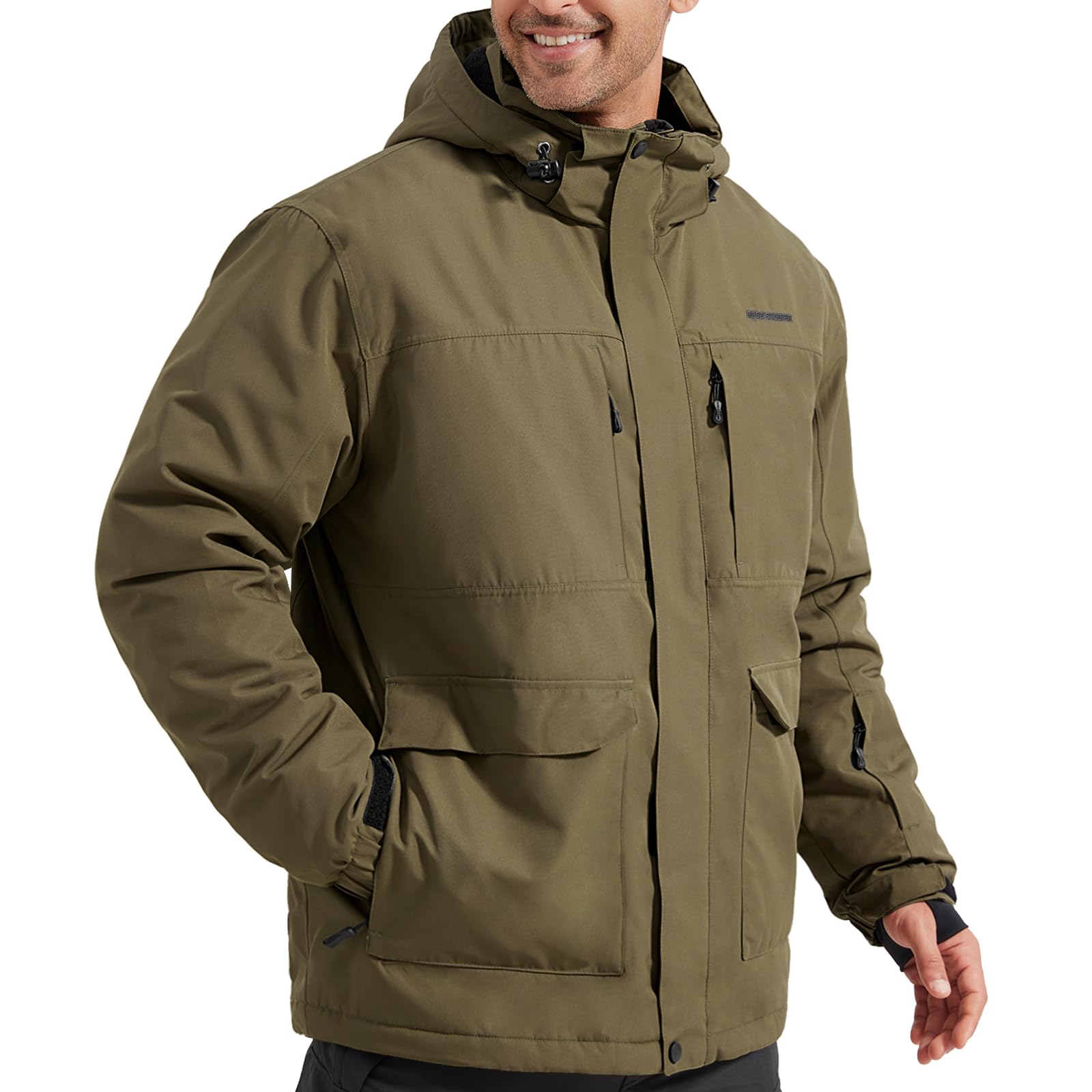 Photo 1 of FREE SOLDIER Men's Waterproof Ski Jacket Fleece Lined Warm Winter Snow Coat with Hood Fully Taped Seams(Army Green,L)
