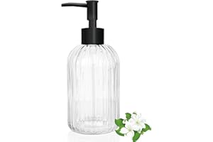 14 Oz Black Pump Glass Soap Dispenser, Transparent Stripe Countertop Refillable Liquid Bottle Hand Dish Lotion Dispenser with