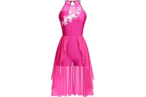 AFAVOM Lyrical Dance Costumes for Women Lace Flower Lyrical Dress Flowy Chiffon Leotard Skirt Contemporary Dance Costumes