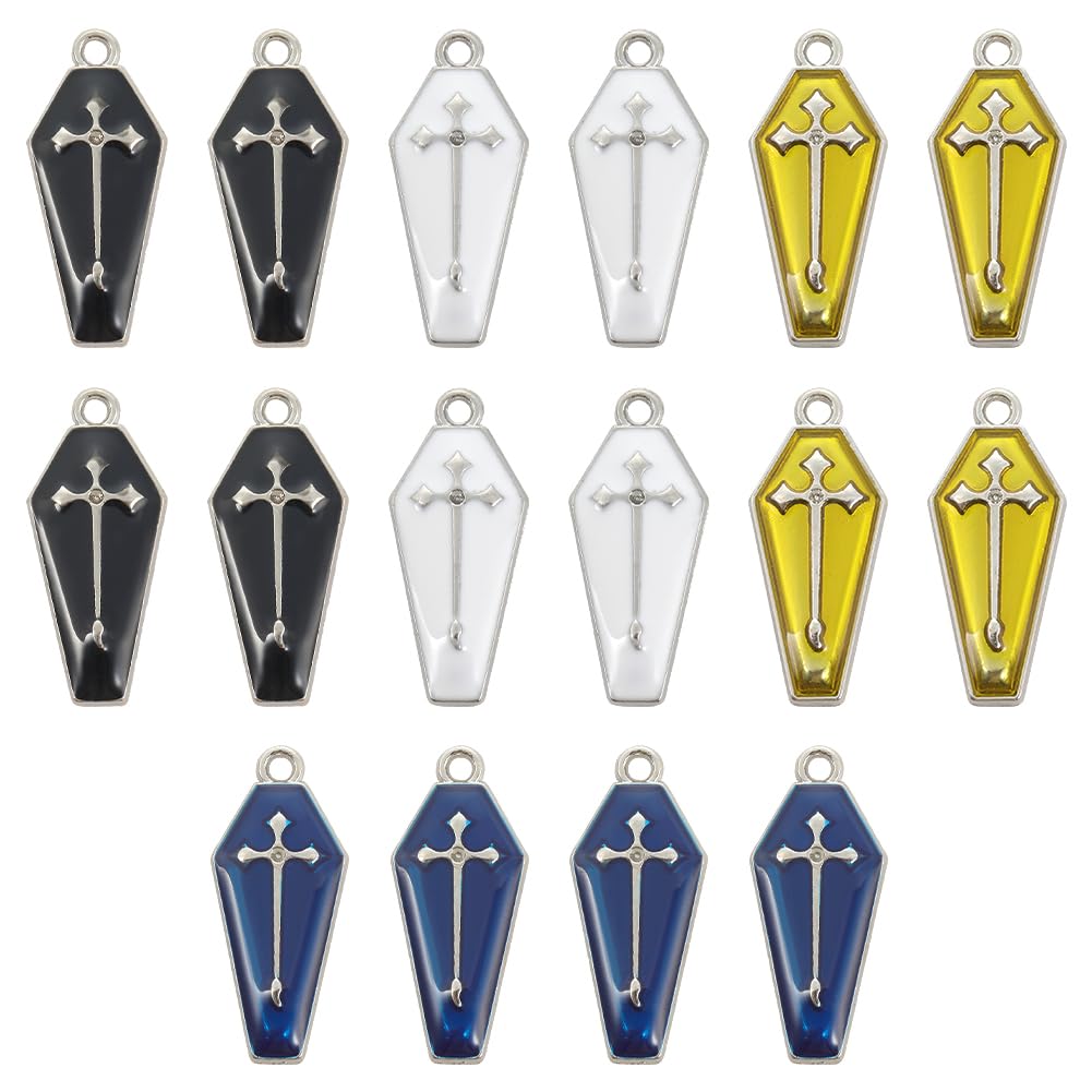 SUNNYCLUE 1 Box 40Pcs 4 Colors Gothic Charm Coffin Charms Bulk Dangle White Gold Back Halloween Theme Holiday Coffins Cross Charm for jewellery Making Charms Findings DIY Necklace Earring Adults Craft
