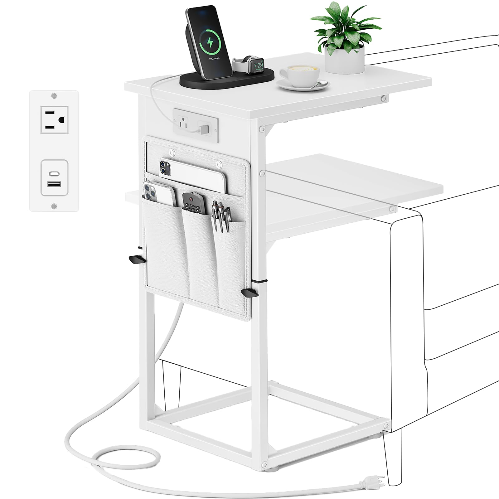 Photo 1 of Vagusicc C Shaped End Table with Charging Station, Adjustable Height Side Table for Couch, Small Sofa Table for Small Spaces, Slide Under Sofa Table TV Tray Arm Tables for Living Room, Bedroom, White