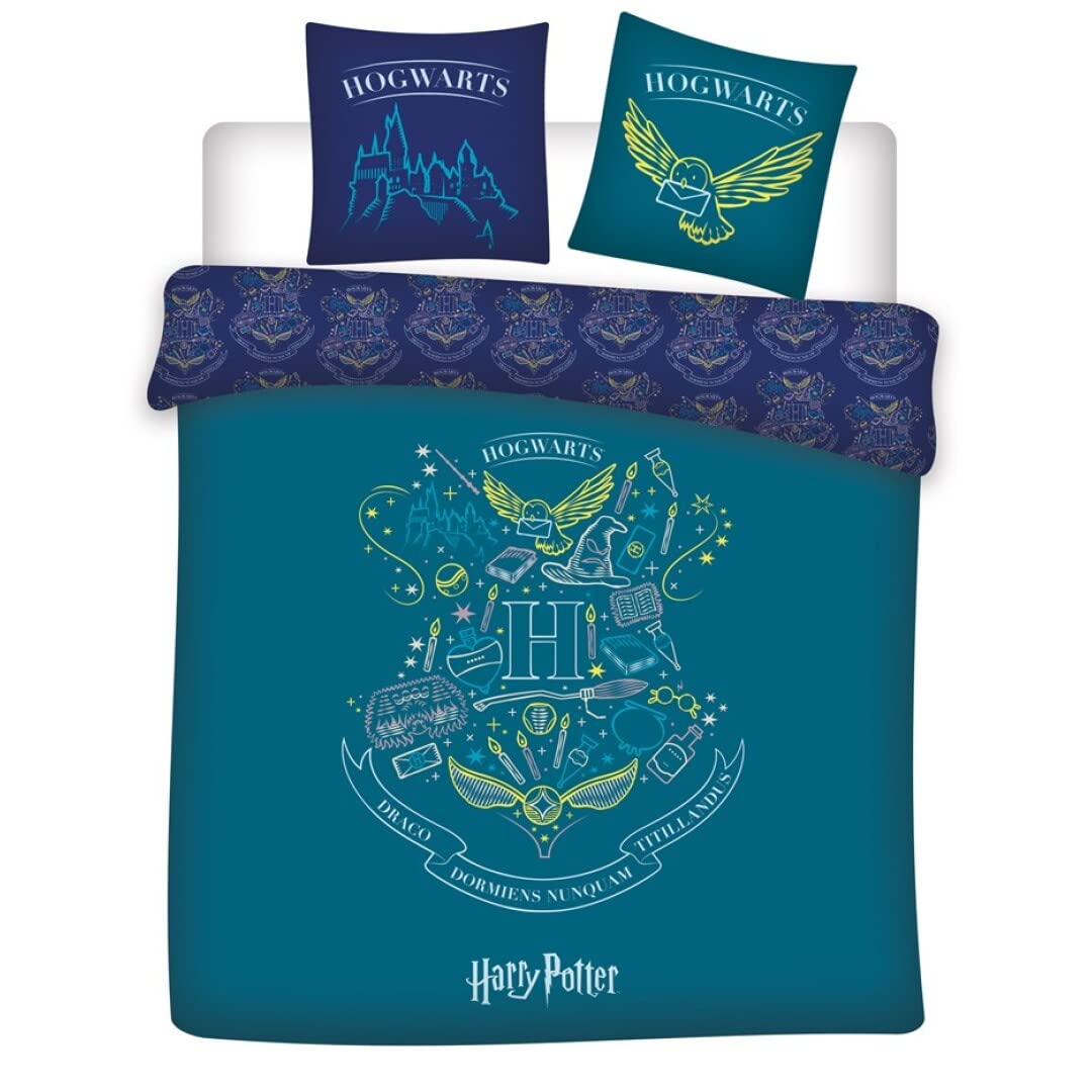 Harry Potter Reversible Double Bedding Set, Duvet Cover 240 x 220 cm and 2 Pillowcases 63 x 63 cm, 100% Polyester