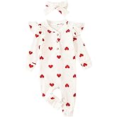 Guodeunh My First Valentines Baby Girl Romper Newborn Long Sleeve Heart Print Knitted Button Down Jumpsuit Headband