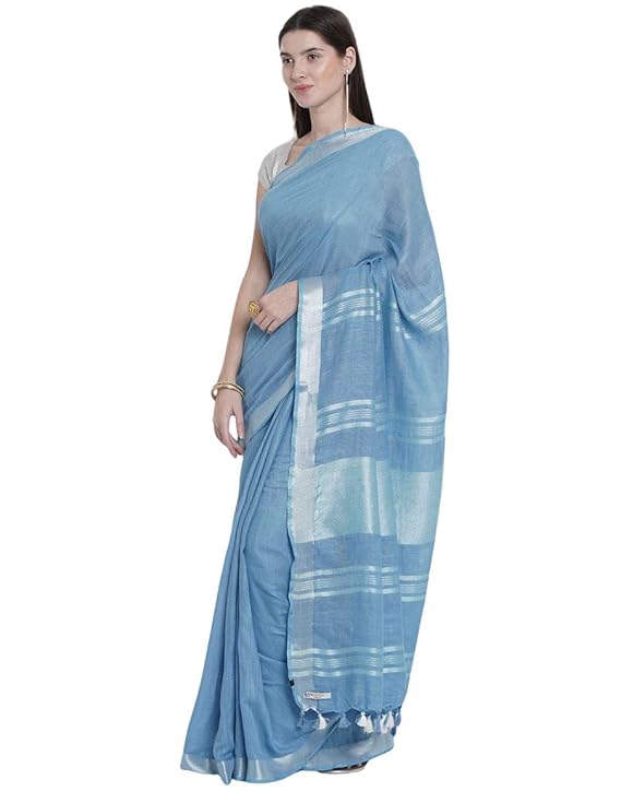 For Womens Bhagalpuri Cotton Slub Baby Blue Saree With Plain Zari Border Running Blouse Piece
