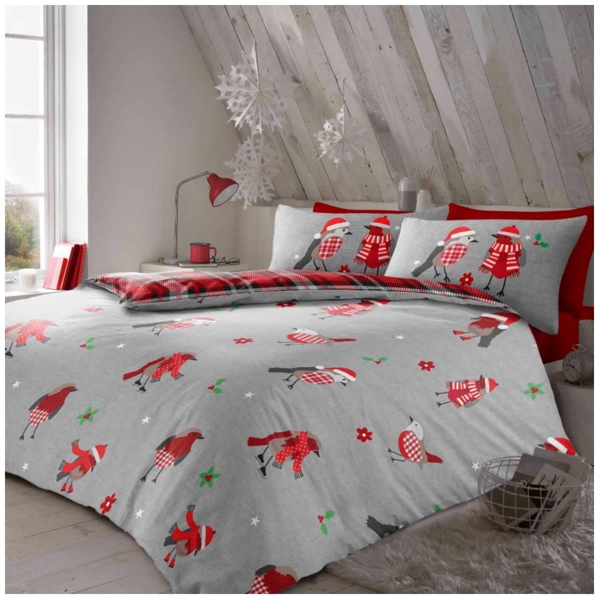GC GAVENO CAVAILIA Reversible Flannelette Duvet Cover, Brushed Cotton Bedding Quilt Set, Soft Bed Covers, Winter-Grey/Red, Double