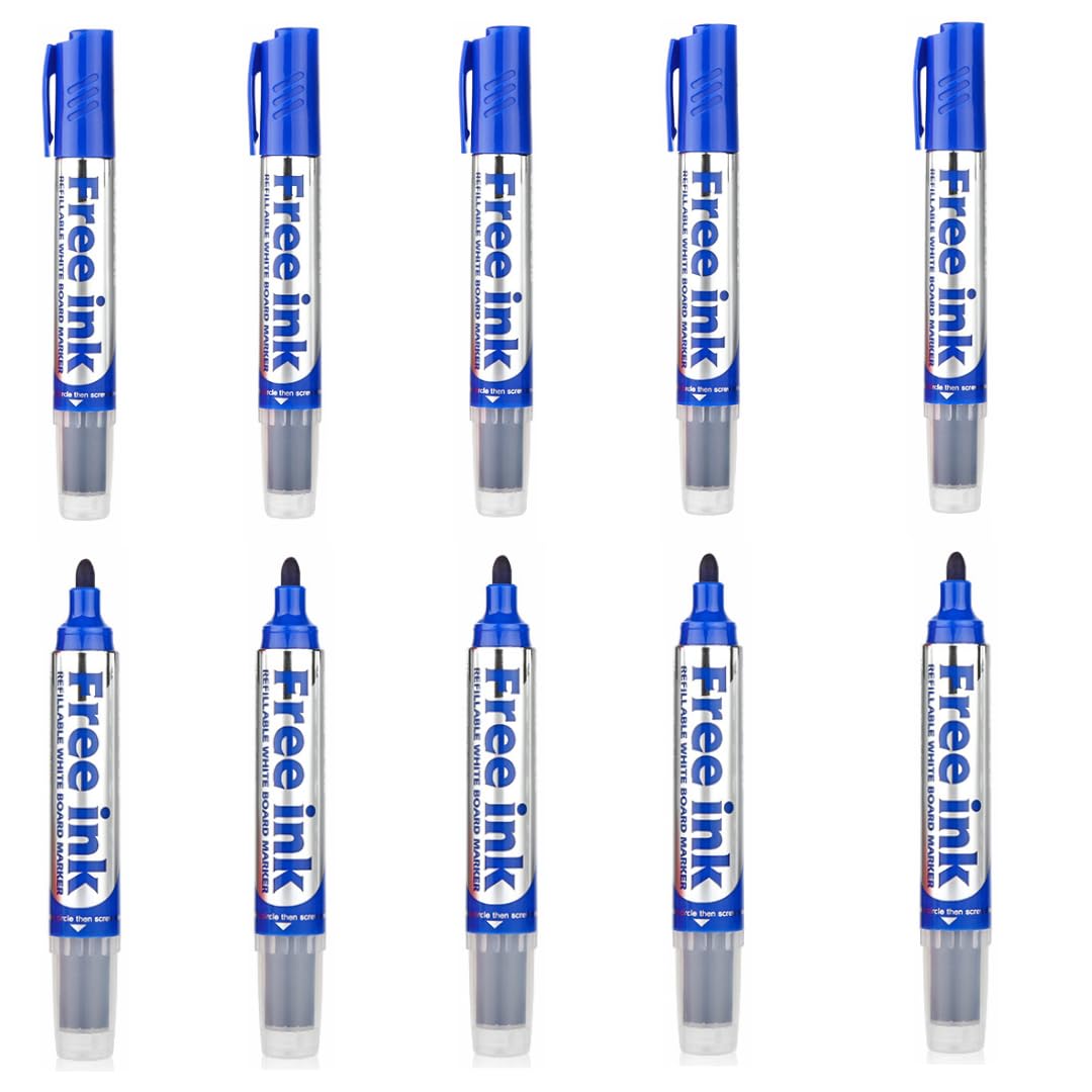 Alimos Whiteboard Marker Set, 10 Pens, 3mm Round Tips, Refillable, High Performance Ink, Writes on Glass & Whiteboards (Blue)