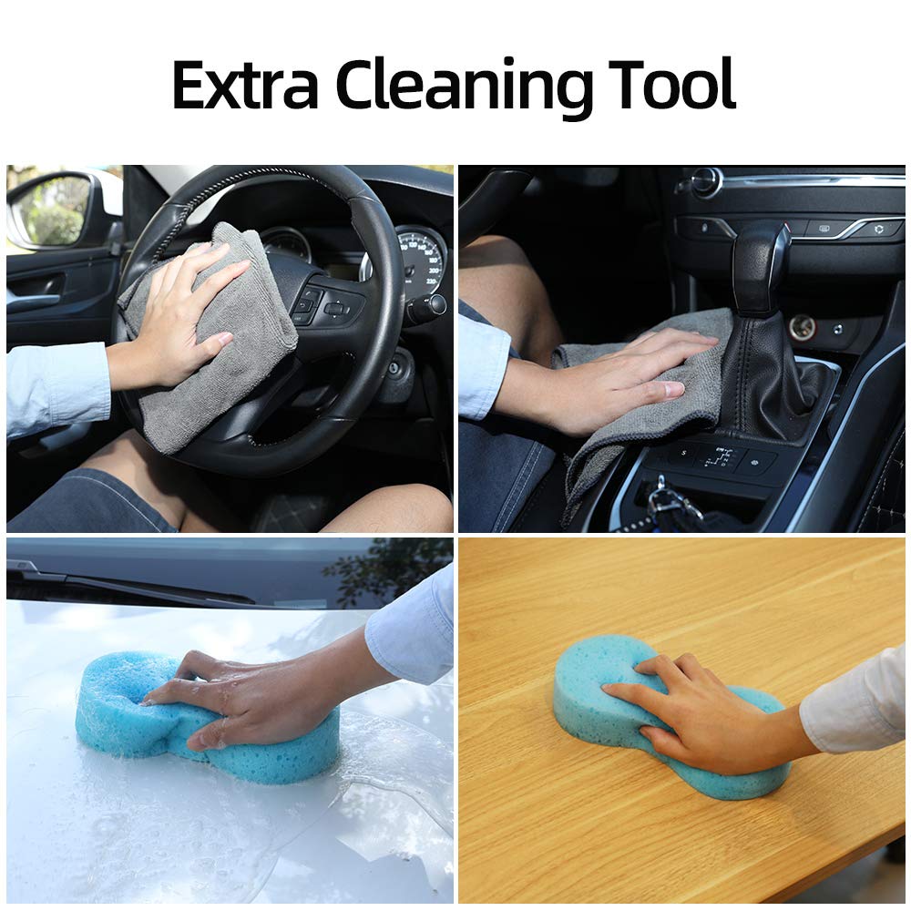 QUEES Windshield Cleaning Tool Unbreakable Car Window Glass Cleaner with Extendable Handle and 2 Washable Reusable Microfiber Pads 1 Wash Sponge