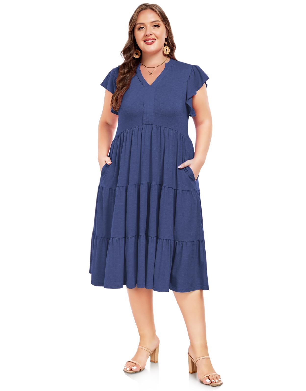 Moon Wood Womens Plus Size V Neck Ruffle Midi Dress