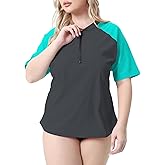 Halcurt Women's Plus Size Rash Guard Short Sleeve Swim Shirts Loose Fit UPF50+ Sun Protection Swimsuit Top Only