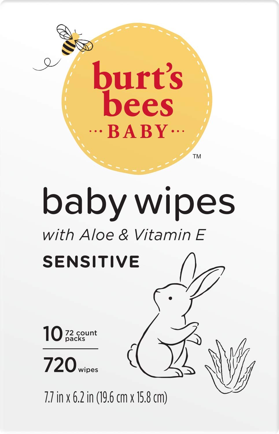 Burt’s Bees Baby Wipes, Unscented Natural for Sensitive Skin with Aloe and Vitamin E - 72 Baby Wipes – 10 Pack