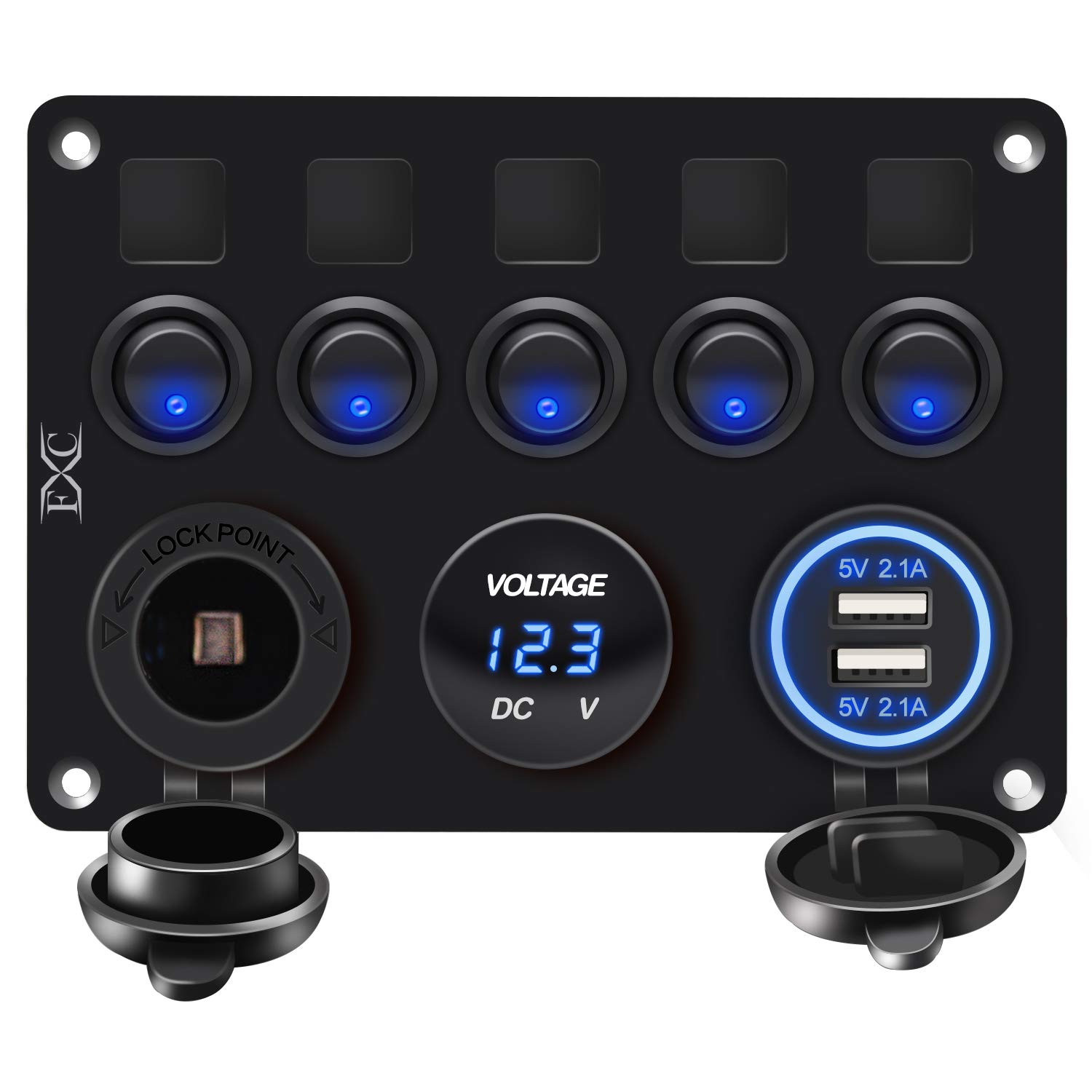 FXC 5 Gang Rocker Switch Panel with Dual USB Slot Socket 5V 4.2A + Cigarette Lighter + Voltmeter for Marine Boat Car Rv Vehicles Truck 12-24V Waterproof Blue LED (5B Blue): Industrial & Scientific