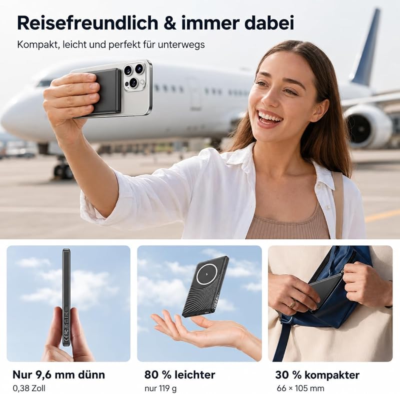 Ultra Slim iPhone Powerbank für Magsafe, Ntaanoo Magnetische Power Bank Induktives Laden 5000mAh, 20W Schnellladung Wireless Externe Handyakkus Kabelloses Akkupack für iPhone 17/16/15/14/13/12 Schwarz