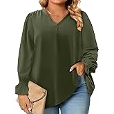 Eytino Plus Size Tops for Women Sexy V Neck Smocked Long Sleeve Blouse Loose Casual Work Shirts(1X-5X)