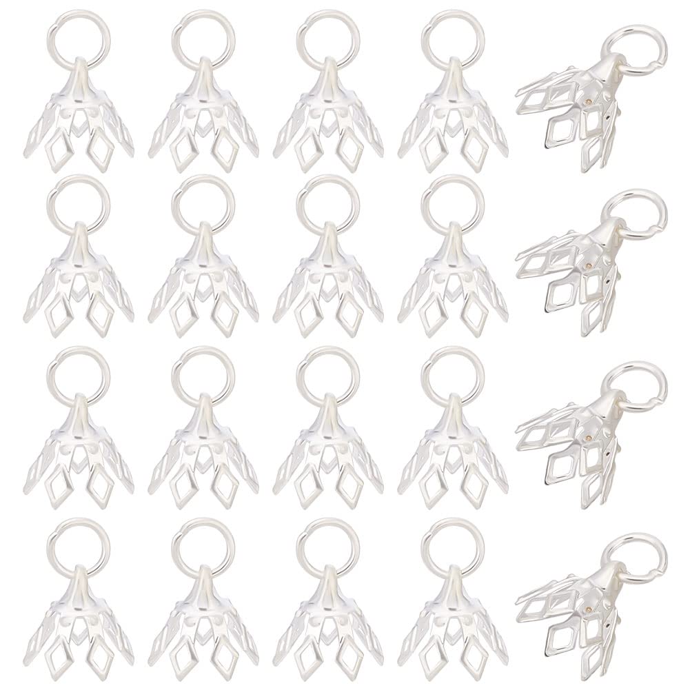 HOBBIESAY 60pcs Brass Filigree Bead Cap Bails 8x8mm Plated Metal Bell End Charm 7-Petal Floral Silver Prong Spacer for Bracelets Necklaces Jewelry DIY Craft, Hole: 3mm