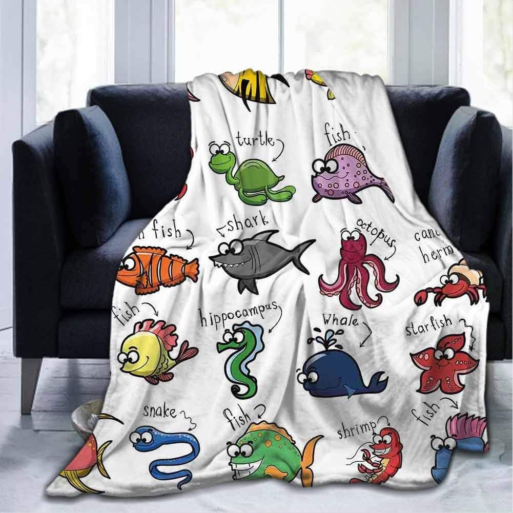 dsdsgog Flannel Blankets Home Cute Soft Nautical Decor for Kids,Aquarium Cartoon Octopus Dolphin Shark Whale Clown Fish Jellyfish Crab Marine,60"x70" Light Weight Living Room