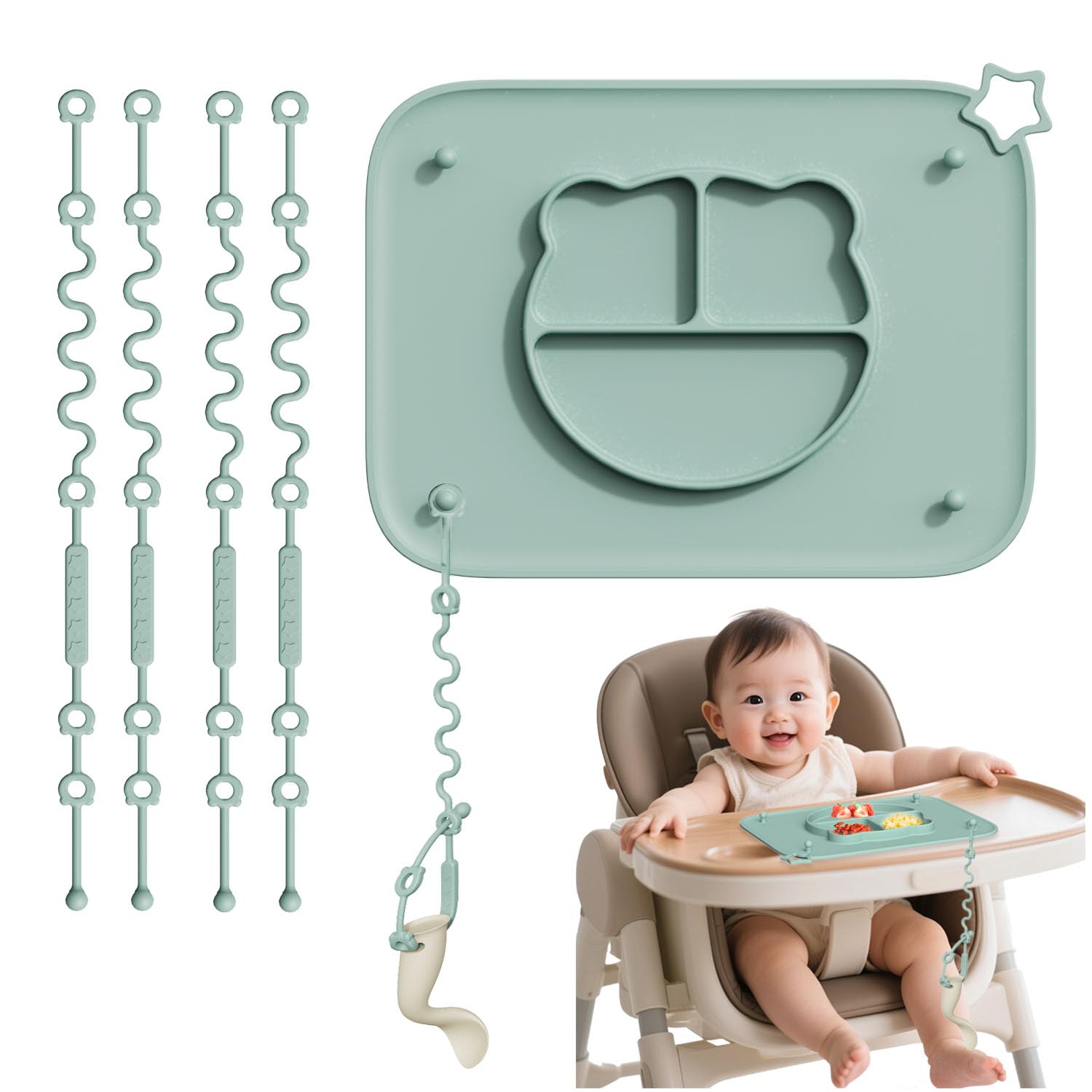 Photo 1 of 1 Pack Silicone Mat for Babies, Baby Placemat Built-in Suction Base and Equipped 4 Toy Straps & Anti-Peel Design, Activity Mat for Infants to Toddlers, Keeps Babies Essentials Off The Floor, Green