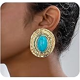 Chunky Gold Turquoise Statement Earrings for Women,Vintage Extra Big Oval Dangle Drop Earrings,Boho Exaggerated Western Jewelry Accessories