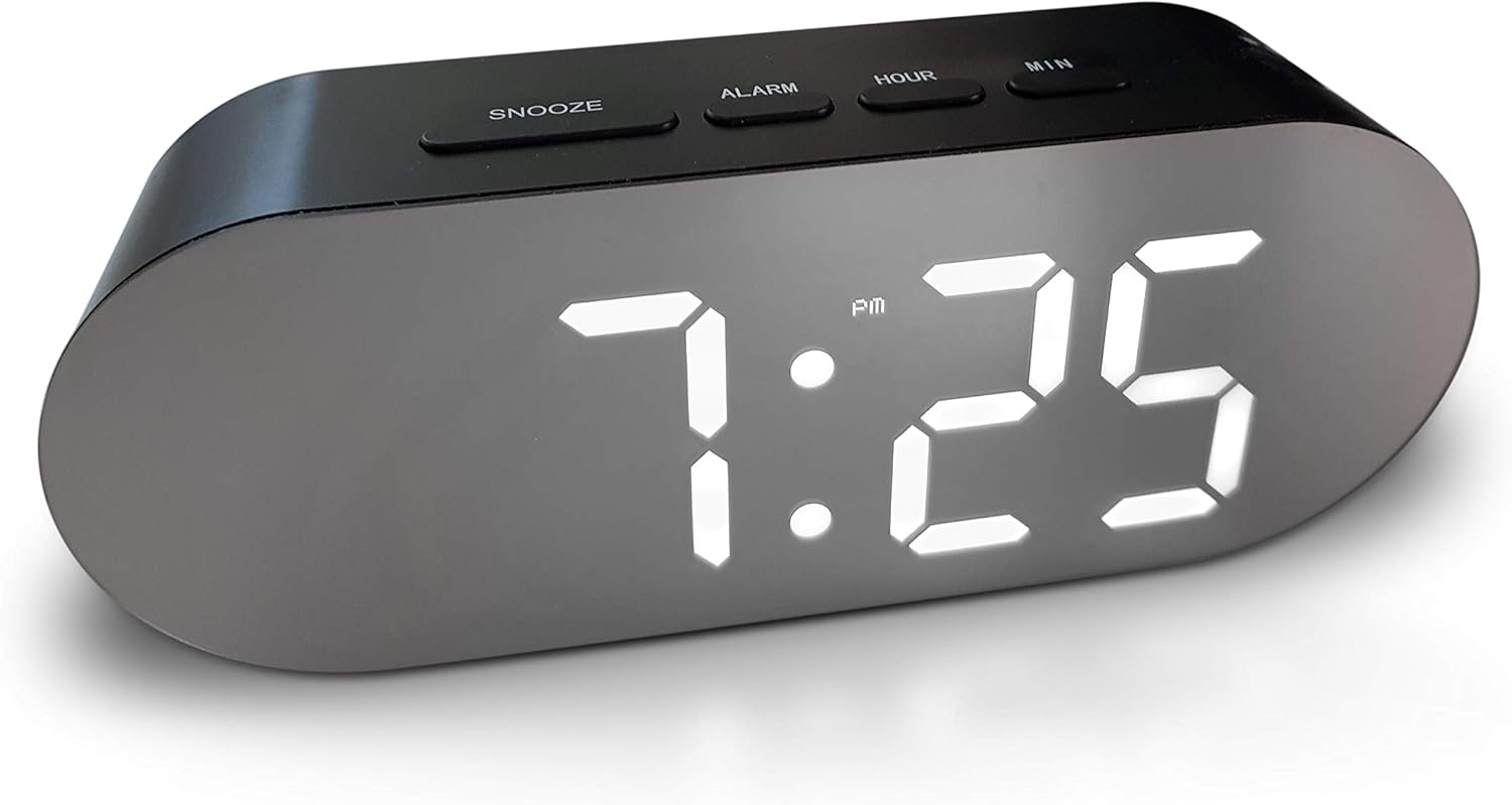 Digital Alarm Clock Mains Powered Big Digit Mirror Display No Frills Simple Operation Alarm Clocks Bedside Alarm Snooze Non Ticking Full Range Brightness Dimmer Two Usb Charging Ports Black Amazon Co Uk Kitchen