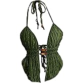 SOLY HUX Women's Tie Backless Halter Top Boho Deep V Neck Asymmetrical Tops Beach Vacation Clothes