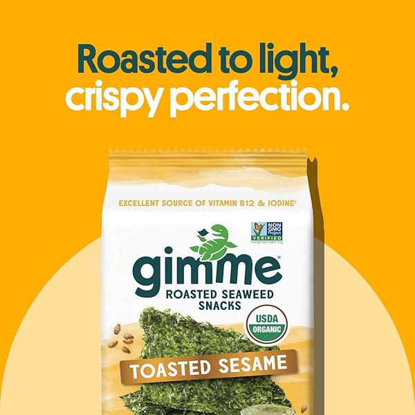 GIMME SEAWEED ORGANIC PREMIUM ROASTED SEAWEED SNACKS, TOASTED SESAME, 12 COUNT SHARING SIZE, KETO, VEGAN, GLUTEN-FREE, GREAT SOURCE OF OMEGA3S AND IODINE, HEALTHY ON-THE-GO SNACK FOR KIDS AND ADULTS