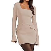 Simplee Womens Long Sleeve Mini Dresses Square Neck Casual Bodycon Party Club Formal Blazer Holiday Fall Short Dress