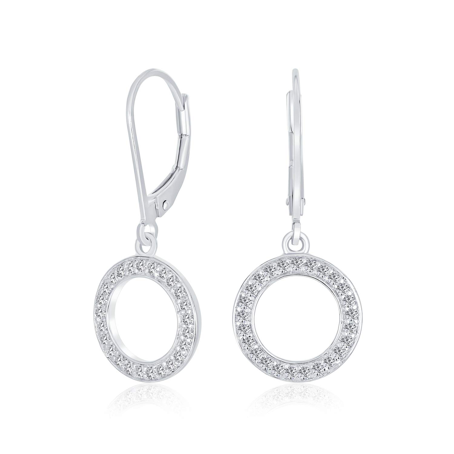 Elegant Classic Geometric Jewelry Pave CZ Round Open Circle Dangle Drop Earrings Silver Plated Cubic Zirconia for Bridals Women Leverback