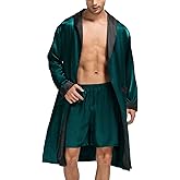 SWOMOG Men's Satin Robe with Shorts Set Silky Kimono Bathrobe Lightweight Soft Sleepwear