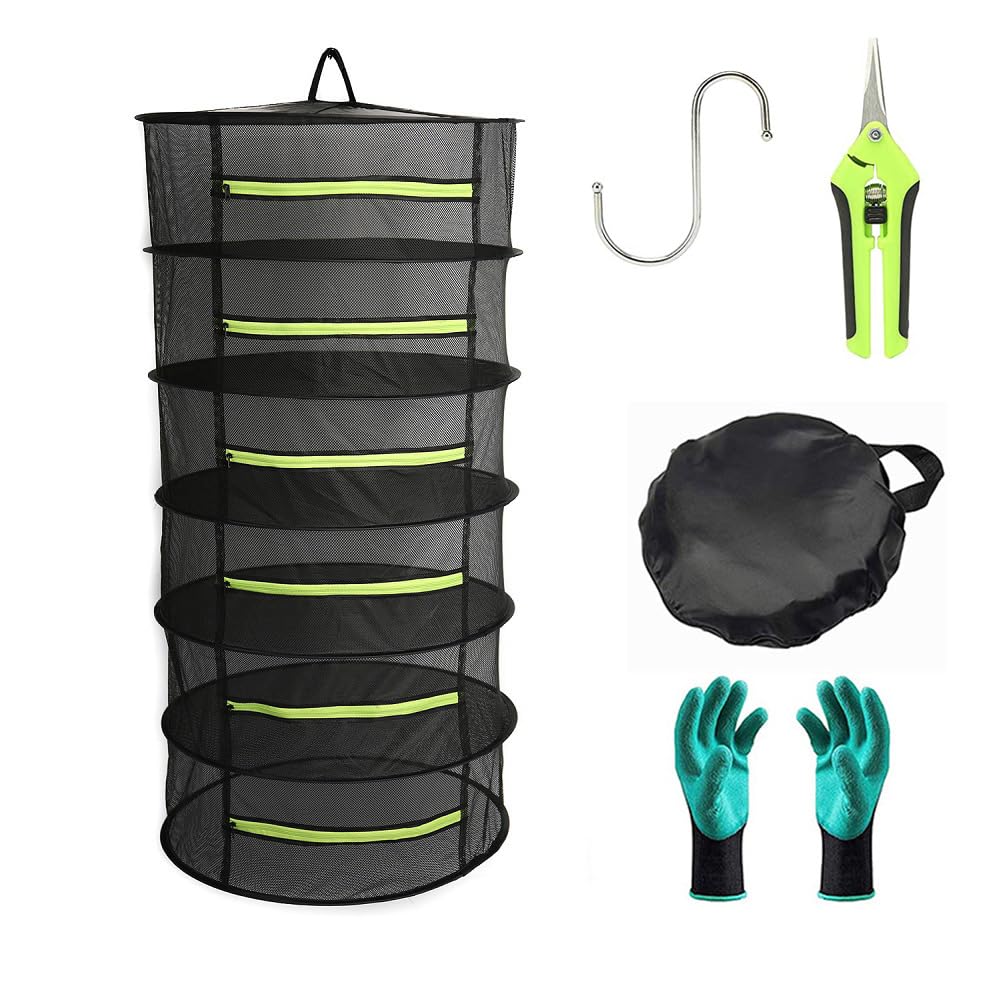 Bysameyee Herb Drying Rack, Hanging Plant Dryer Net, 2ft Black Collapsible Mesh Trays Without Zipper (6-Layer)