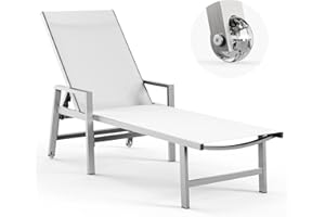 Vexwalx Patio Chaise Lounge Chair Outdoor with Wheels&Armrests, Aluminum Pool Lounge Chairs 5-Position Adjustable Recliner, Outdoor Beach Lounge Chairs for Poolside, Patio, Deck, Yard, White