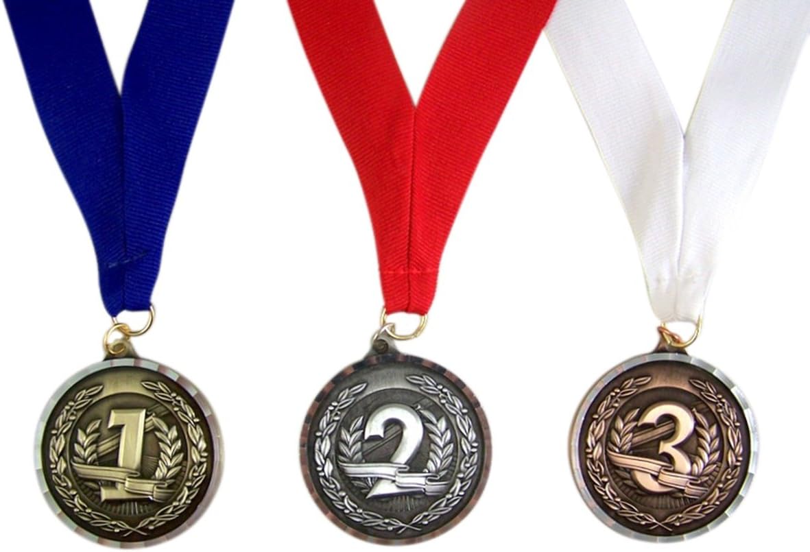 Winner Medals Set of 3 Gold Silver Bronze Tone on Red White and Blue Ribbon