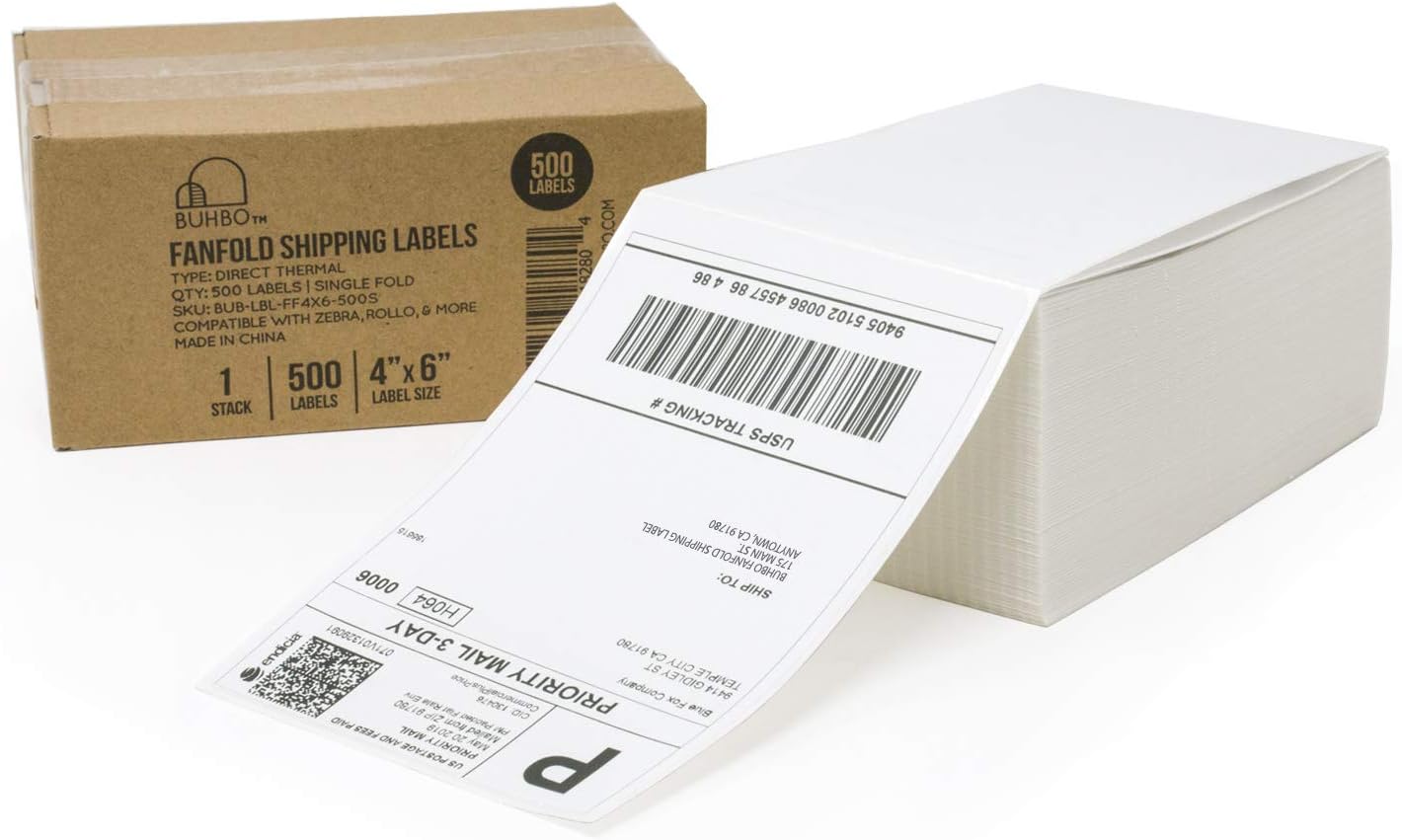 Buhbo 4" x 6" Direct Thermal Shipping Label (500 Fanfold Labels) - Rollo Compatible : Office Products