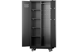 GLADIW Metal Storage Cabinet, Garage Storage Cabinet with Lockable Doors and 4 Adjustable Shelves, Tool Cabinet with Wheels and Pegboards for Garages, Offices, Kitchens, Gyms and Pantries, Black