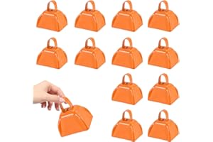 HEYLEAYAR 3Inch Cowbells for Sporting Events,12Pcs Metal Cow Bells Bulk Loud Noise Makers Cow Bell with Handle for Cheering Football Games Spirit Marathon Weddings Party Noisemakers, Orange