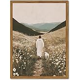 Jesus Leaves the 99 Sheep Wall Art Painting Jesus and Sheep Christian Wall Decor, Religious Prayer Room Poster Canvas Prints Artwork for Living Room Bedroom 12x16 inch Wood Framed