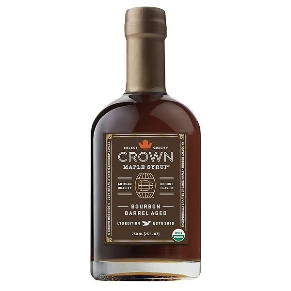 CROWN MAPLE BOURBON BARREL AGED ORGANIC MAPLE SYRUP, 25 FL OZ, PANCAKES, FLAVOR COCKTAILS, MARINADES AND SAUCES