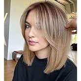 Alanhair Ombre Brown Blonde Wigs for Women Ash Blonde Wig with Curtain Bangs Shoulder Length Natural Synthetic Wig for Daily Use
