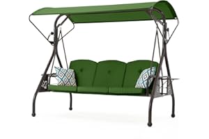 ZZW 800LBS Patio Swing with Canopy 3 Seat Outdoor Porch Swing with Stand w/Cup Holder & Pillow Glider Chair Swing Bed for Patio Backyard Poolside (Green)