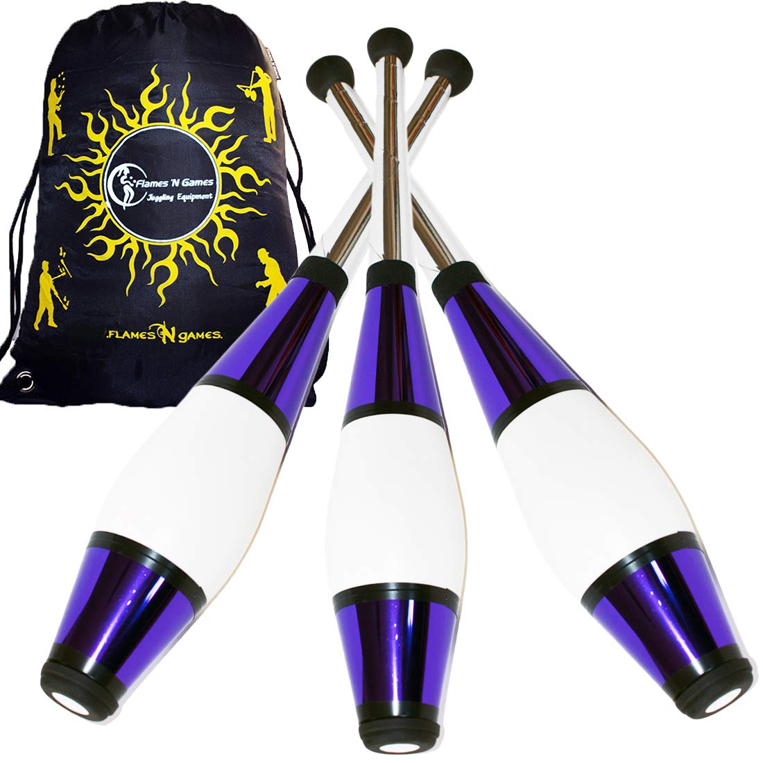 Juggle Dream EURO PRO Juggling Clubs Set of 3 (12 Colour Combos!) Metallic Deco Trainer Clubs + Flames N Games Travel Bag! Great Club Juggling Set For Beginners & Advanced Jugglers! (Purple)