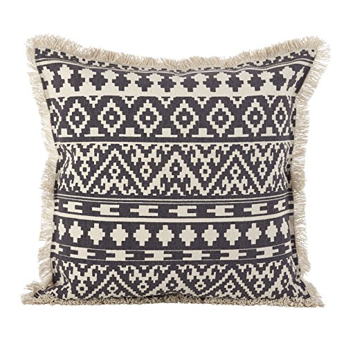 SARO LIFESTYLE Aztec Tribal Design Fringe Trim Cotton Down Filled Throw Pillow, 20" x 20", Grey