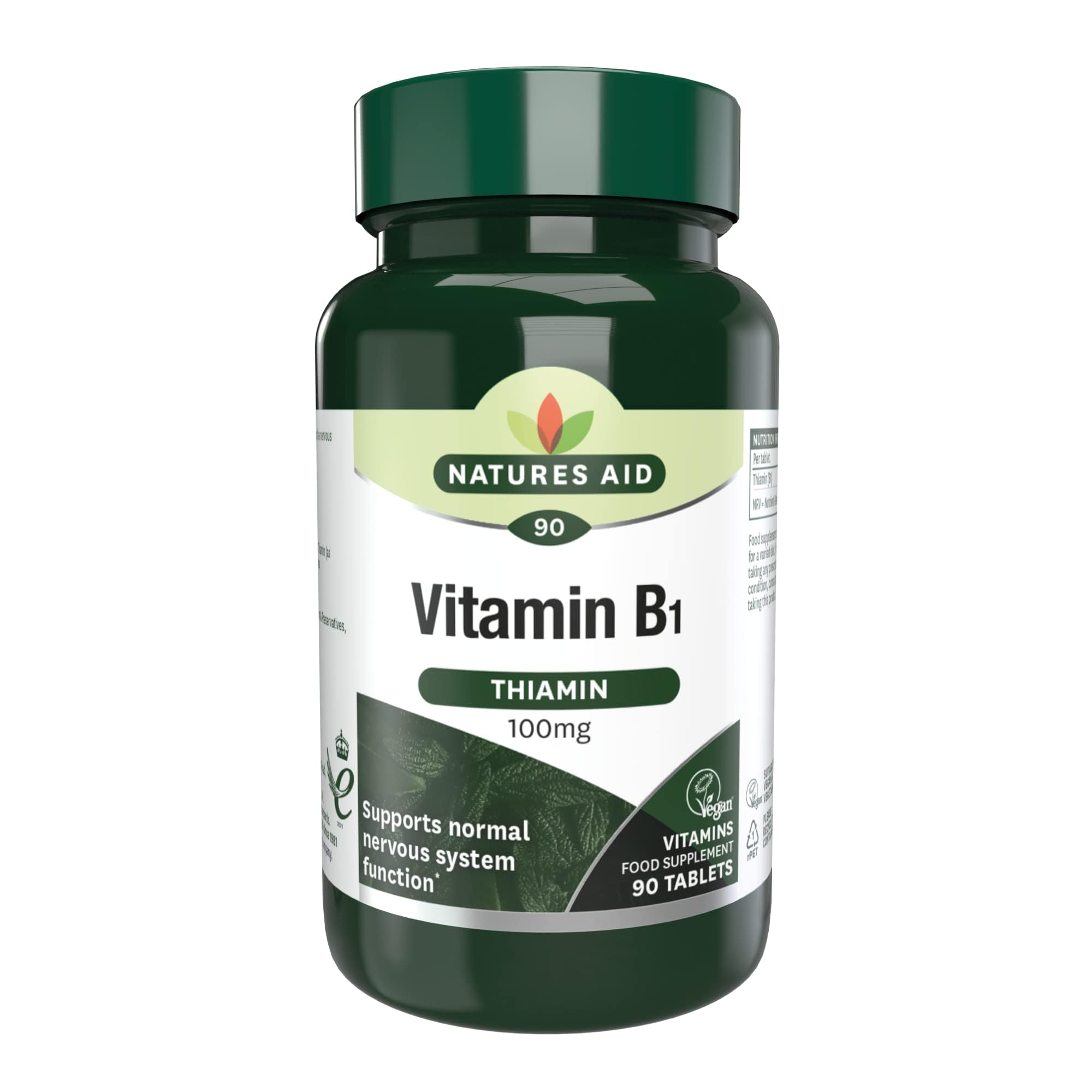 Natures Aid Vitamin B1 100mg Thiamine Tablets – High Strength Food Supplement – Supports Energy Metabolism, Nervous System, Heart & Mind – Vegan, Gluten-Free, Non-GMO – 90 Tablets
