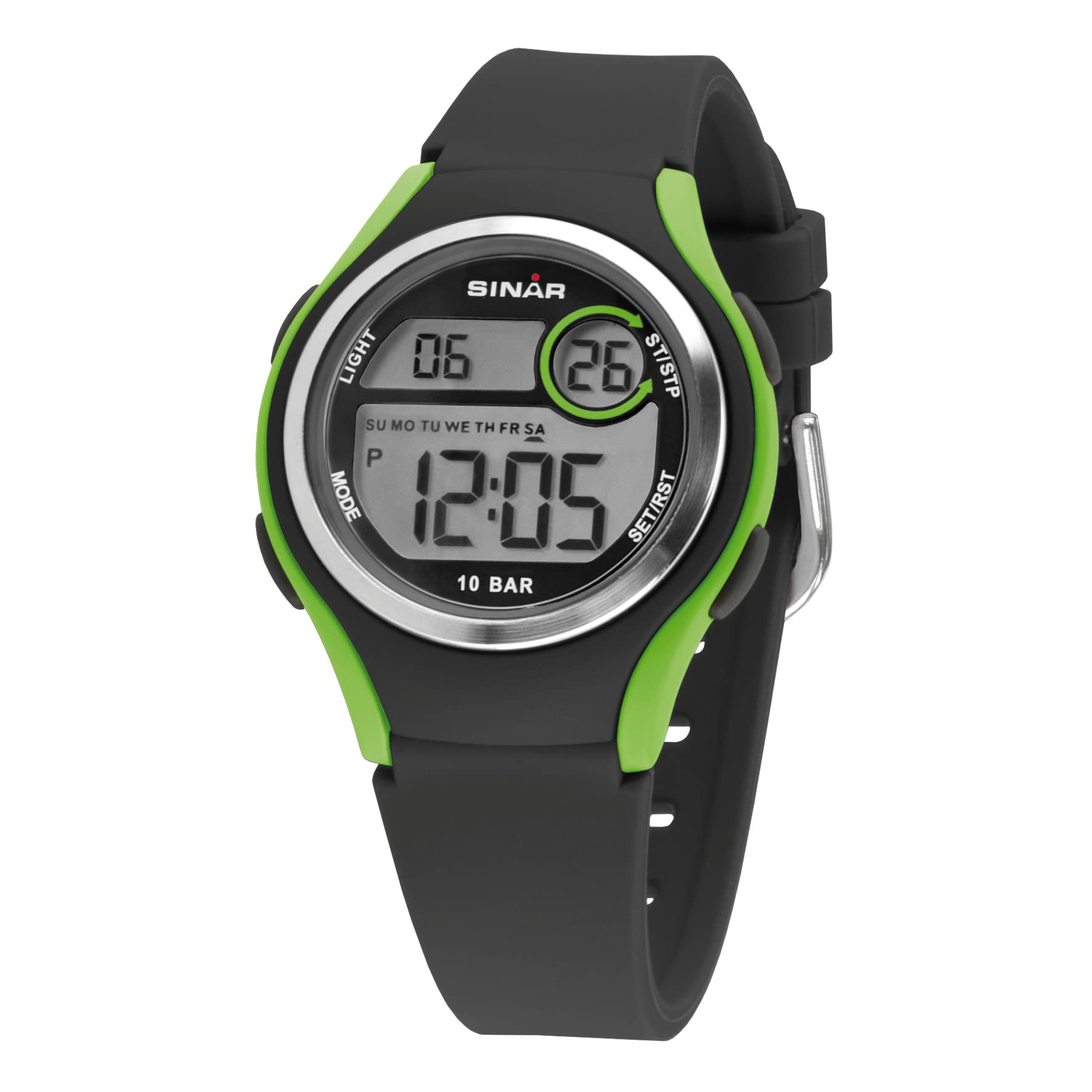 SINAR XE-64-3 Boys' Kids Watch Sports Outdoor Digital Quartz 10 Bar with Silicone Strap and Light Black Green, Green, Strap.