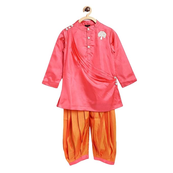 Peaches By Hopscotch Baby Boys Cotton Ethnic Cotton Dhoti Kurta Set Pink in Multi Color