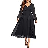 Plus Size Black Dresses 2025 Formal Wedding Guest Long Sleeve Fall Chiffon Wrap V Neck A Line Midi Ruffle Dress