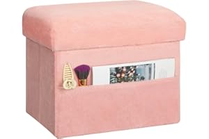 FaiPue Storage Ottoman, Folding Ottoman Foot Rest Stool with Thicker Furry Padded Seat. Soft Fur Small Ottoman Bench with Storage for Bedroom Living Room, Holds Up to 300 lbs, 17x13x13IN (Pink)