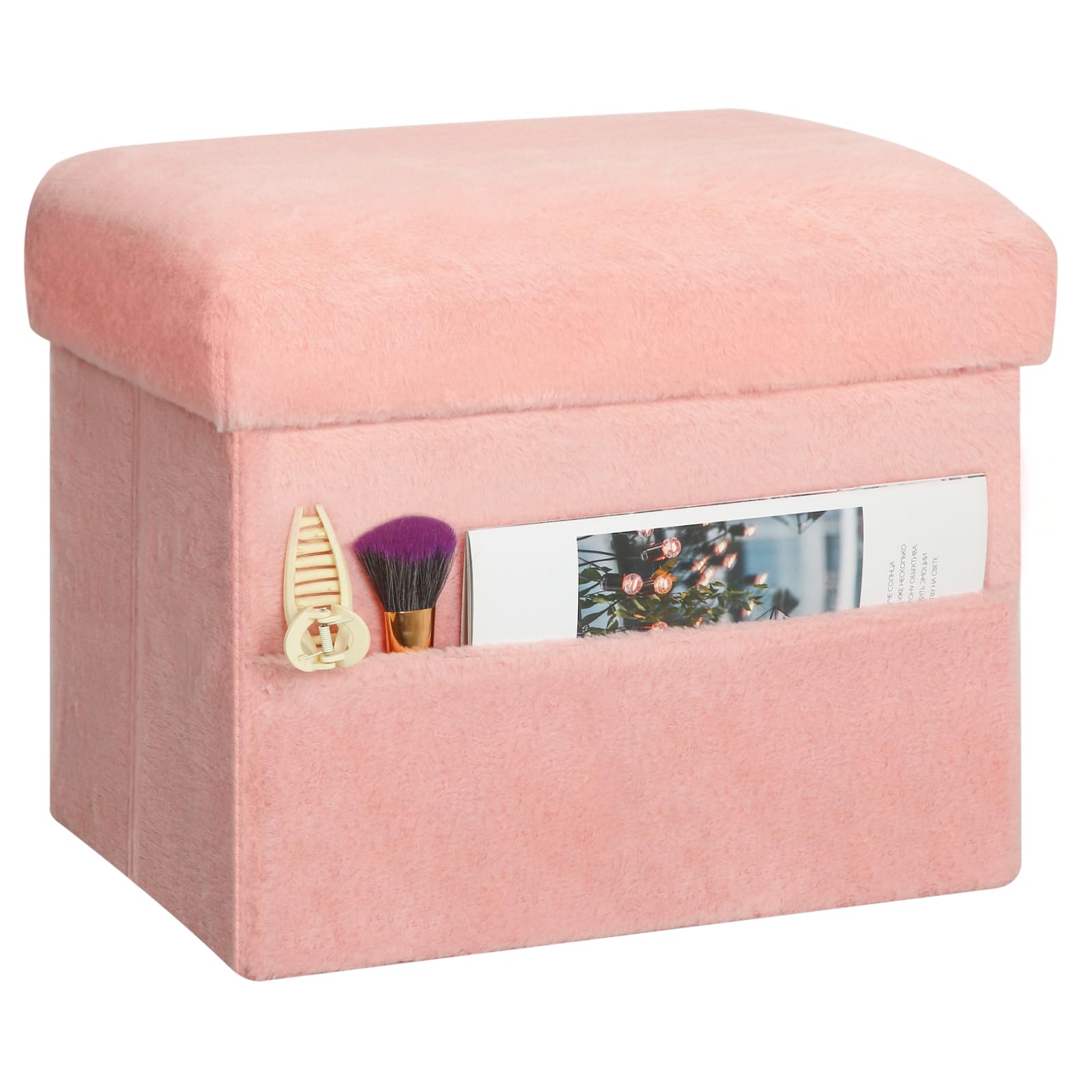 Photo 1 of FaiPue Storage Ottoman, Folding Ottoman Foot Rest Stool with Thicker Furry Padded Seat. Soft Fur Small Ottoman Bench with Storage for Bedroom Living Room, Holds Up to 300 lbs, 17x13x13IN (Pink)